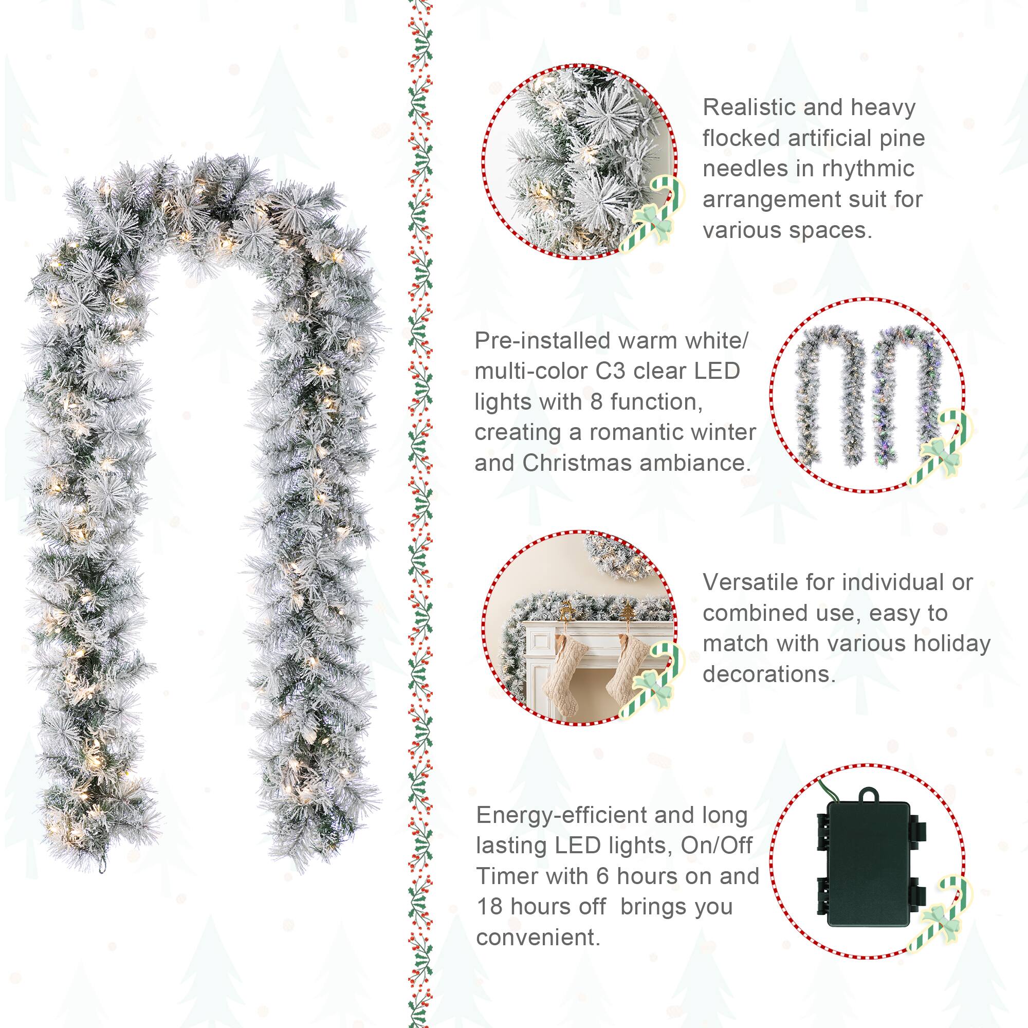 Glitzhome® 9ft Pre-Lit Snow Flocked Greenery Pine Christmas Garland with Timer